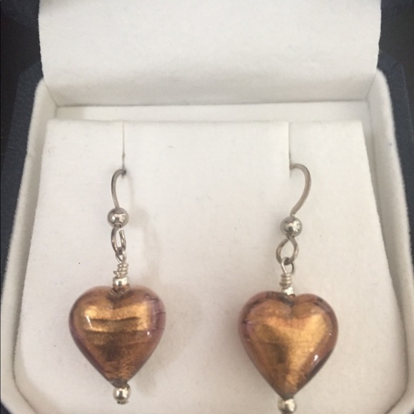 Barmakian Vintage Gold Tone Foil Murano Venetian Glass Heart Dangle Earrings Box - Picture 5 of 11